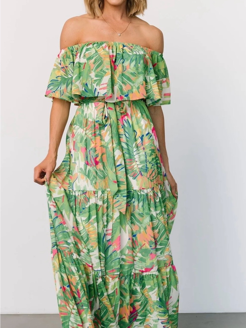 Baltic Born Green Tropical Print Off-Shoulder Maxi Dress